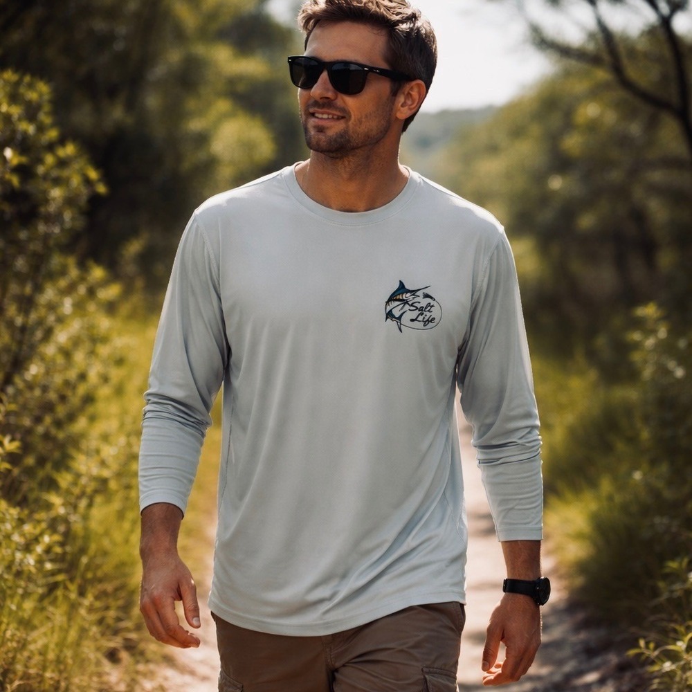 Salt Life Performance Shirt Mens L Grey Long Sleeve Marlin Live Salty NEW